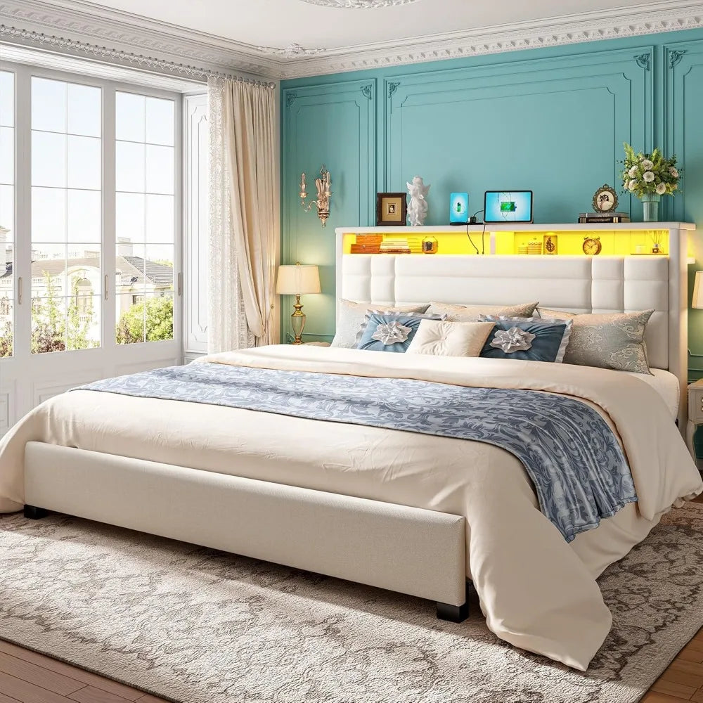 King Size Bed Frame with Charging Station and LED Lights, King Bed Frame with 2-Tier Storage Headboard, Metal Slats