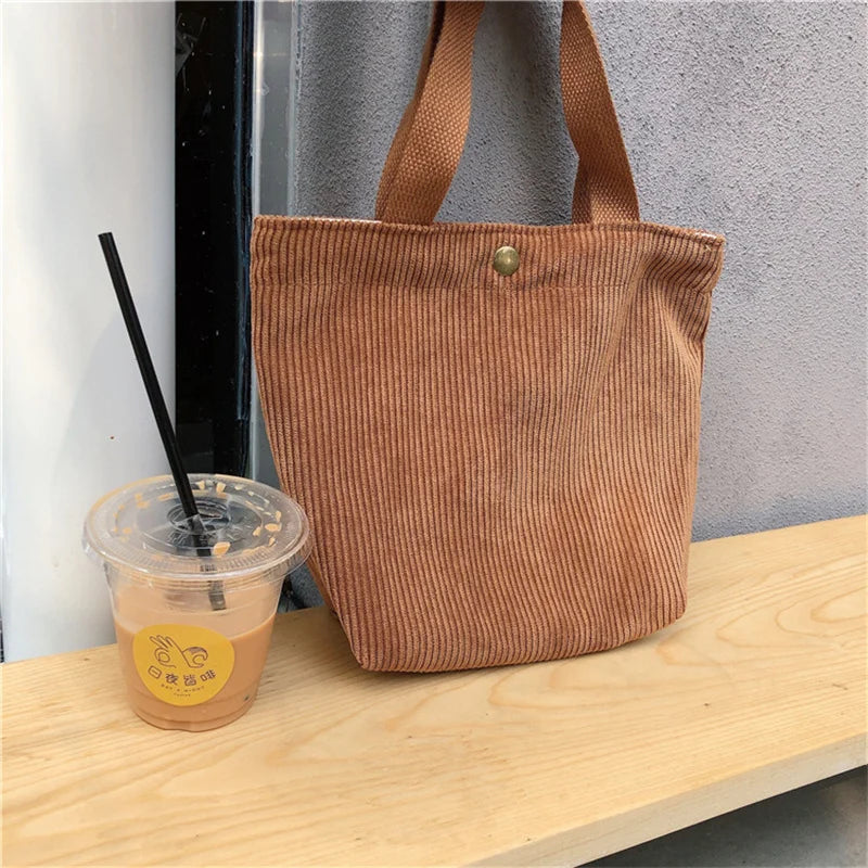 Cute Corduroy Shopper Tote Bag Woman Girls Lady Travel Shopping Cloth Handbags Lunch Bag Small Portable Hand Pouch Bag Organizer