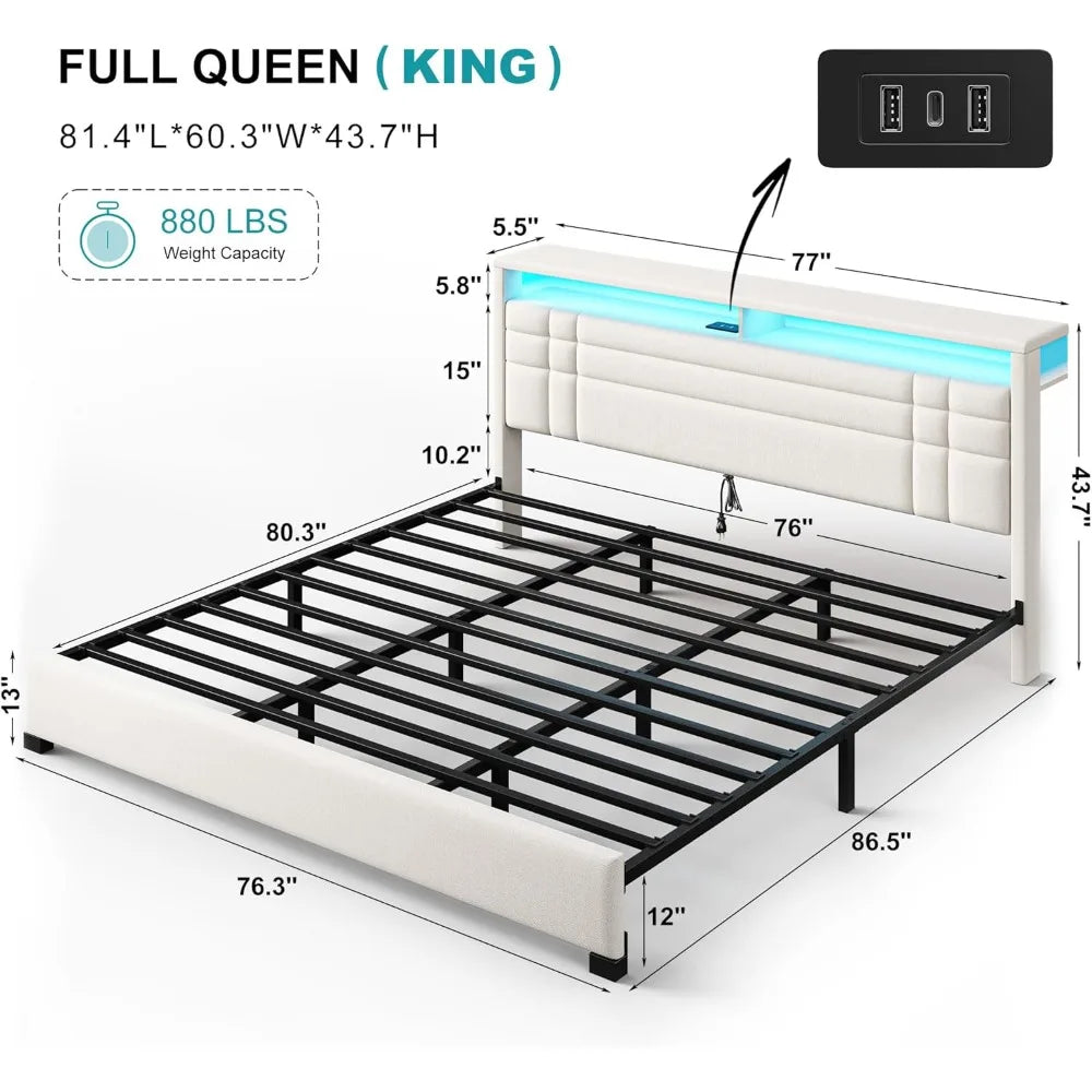 King Size Bed Frame with Charging Station and LED Lights, King Bed Frame with 2-Tier Storage Headboard, Metal Slats