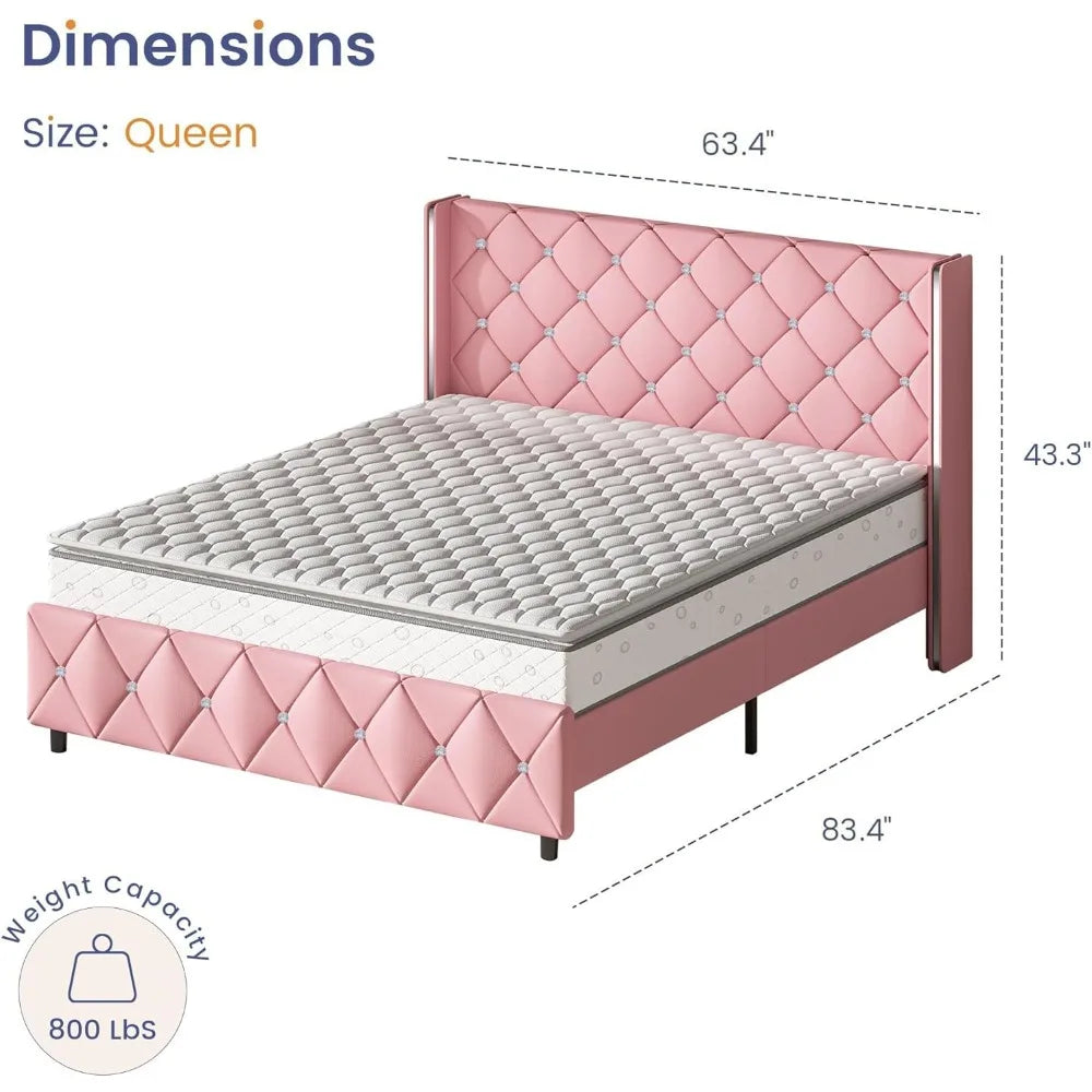Queen Size Bed Frame with Diamond Headboard, Pink Bed Frame Queen, Upholstered Platform Bed Frame Faux Leather