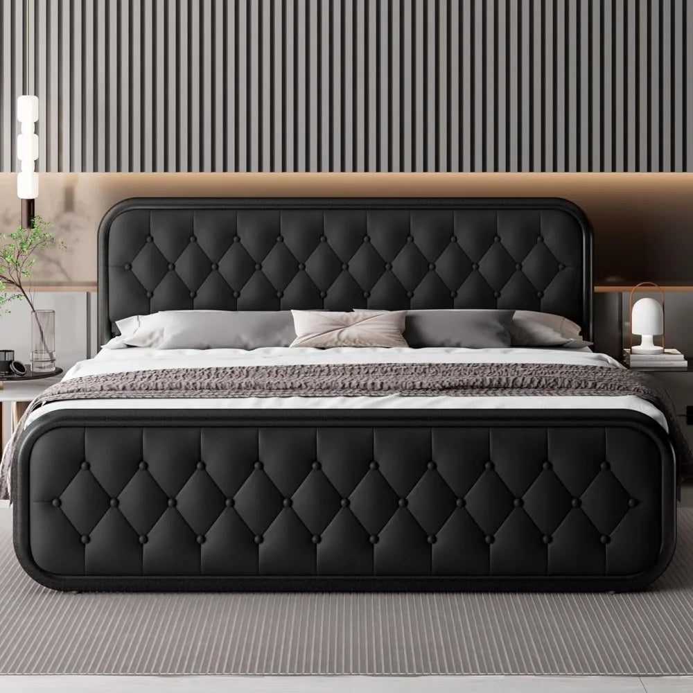 King Size Bed Frame, Upholstered Bed Frame with Faux Leather Headboard, 12" Under Bed Storage, Black