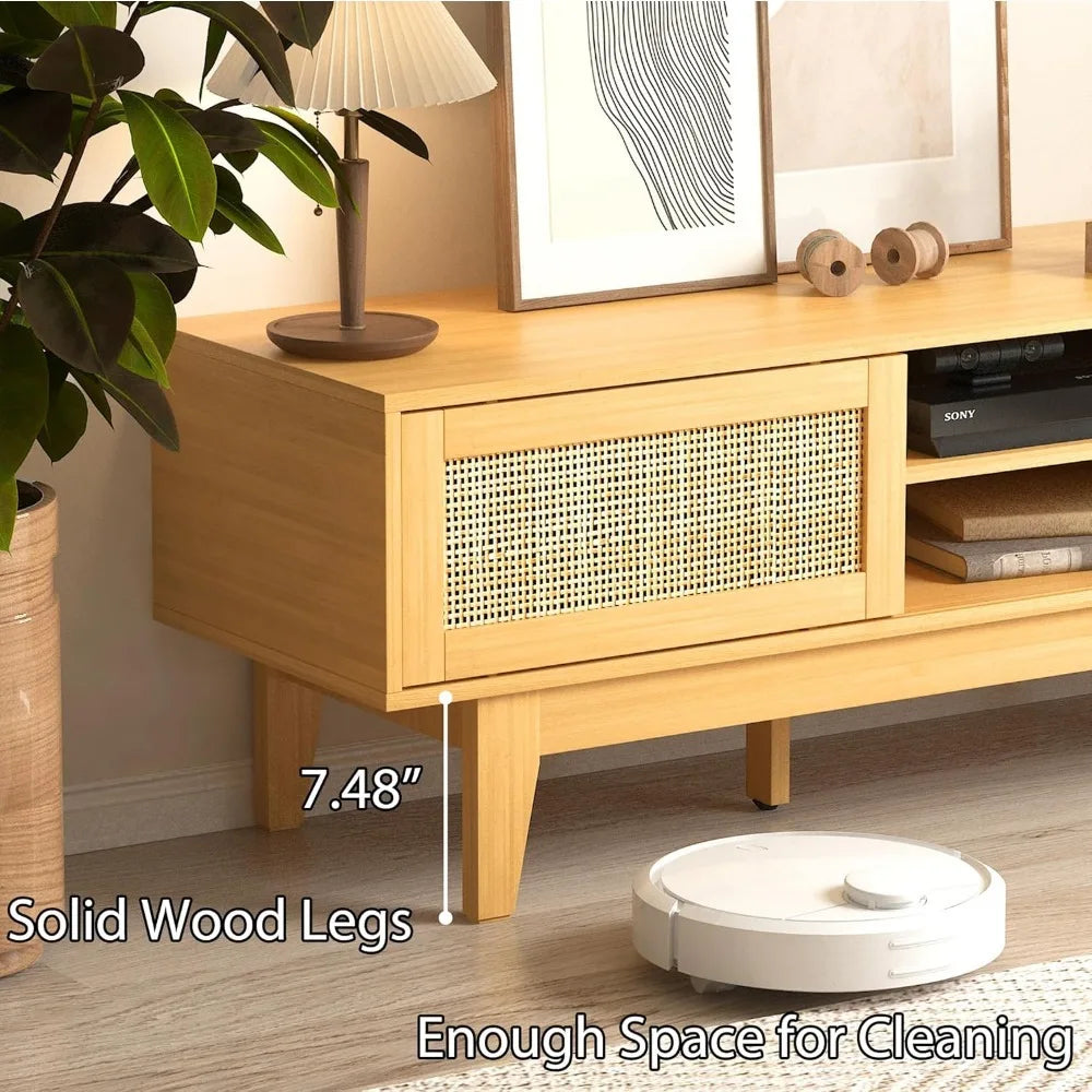 TV Stand for 55 65 Inch TV, Rattan Entertainment Center with Shelves, Cabinets and Sliding Doors, TV Media Console Table