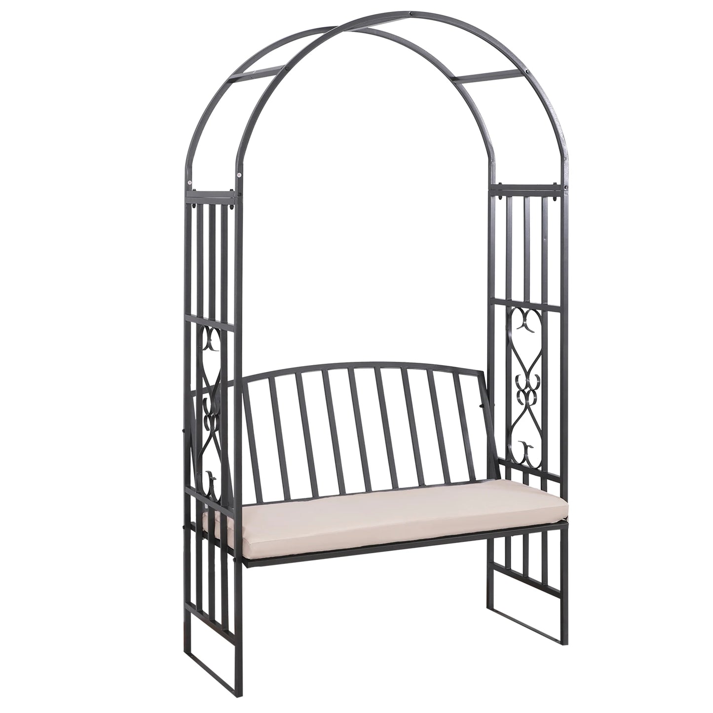 Outsunny Garden Arbor Arch Metal Bench Padded Seat Outdoor Decoration Patio