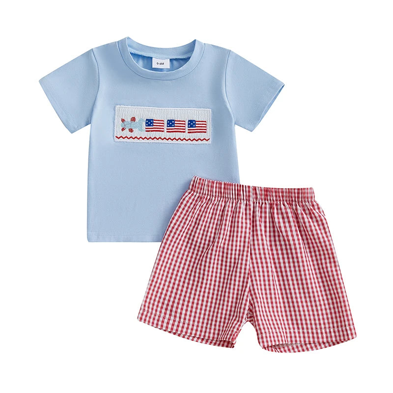 Boys Fourth of July Clothing Set with American Flag Embroidery Round Neck Tee and Elastic Waist Shorts for Independence Day