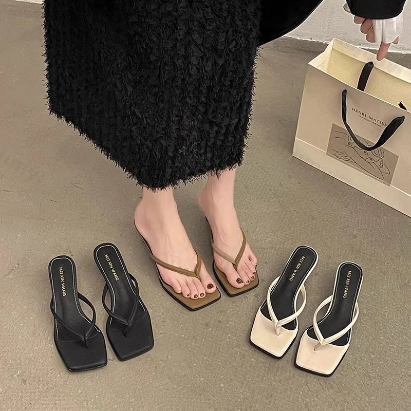 Women's Slippers 2025 Summer Flip Flops High Heel Soft Bottom Fine Heel Casual Rubber Sole Adult Footwear Comfortable Shoes