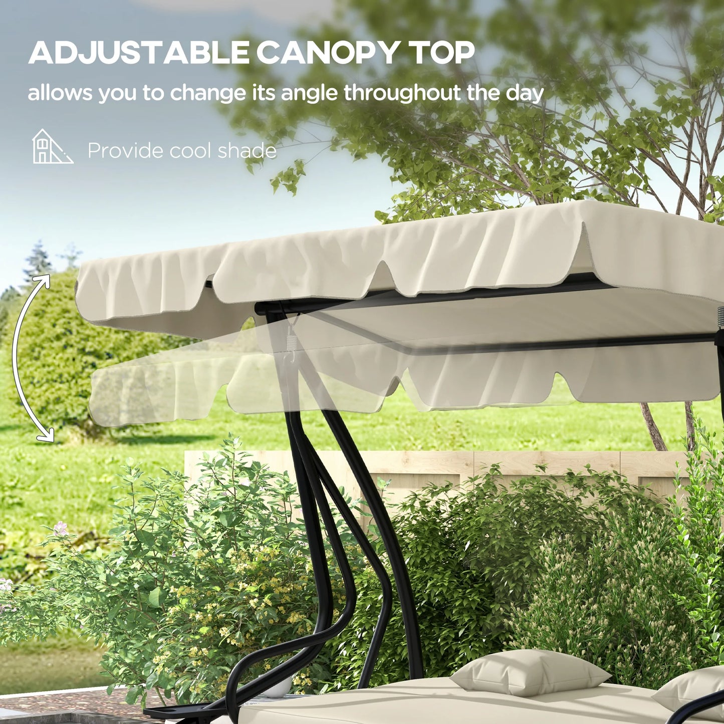 Outsunny 2-in-1 Garden Swing Seat Bed, 3 Seater Convertible Swing Chair Bench with Tilting Canopy, Cushioned Seat and 2 Pillows