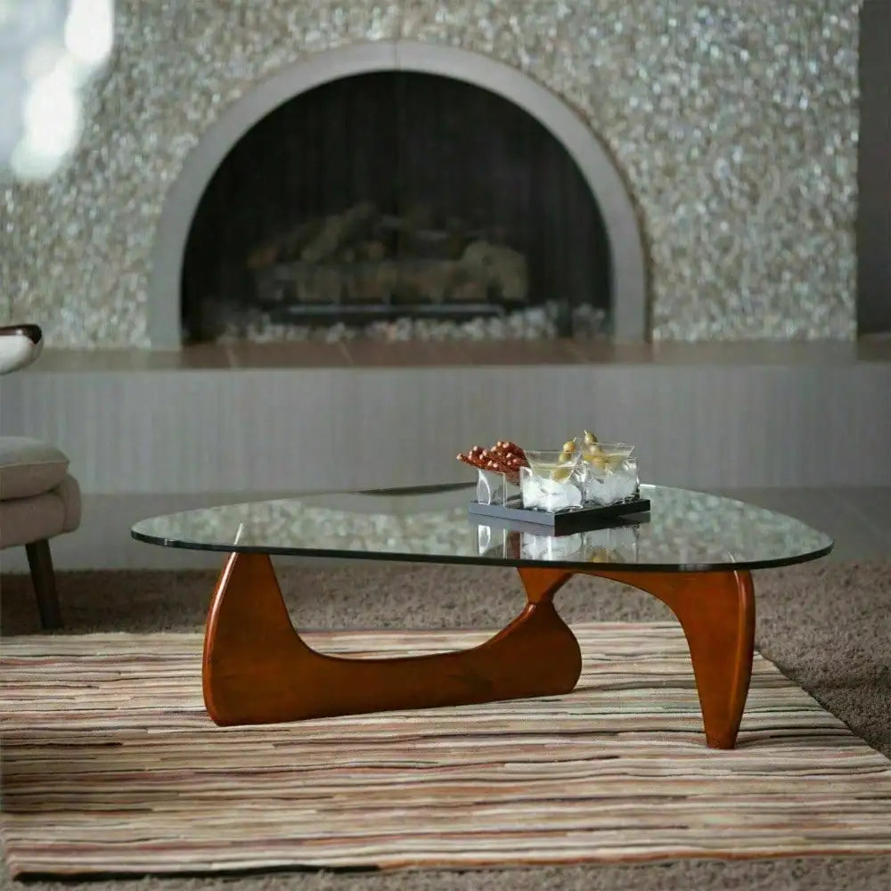 Noguchi  Coffee Table Triangle Glass Top Premium Solid Hardwood Base Cherry