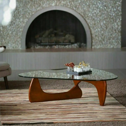 Noguchi  Coffee Table Triangle Glass Top Premium Solid Hardwood Base Cherry
