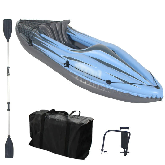 Inflatable Blue Kayak Fishing Boat 1 Person Adult Canoe, with Paddles, Bag, Seats, High-Output Pump, Fin, for Lakes & Rivers