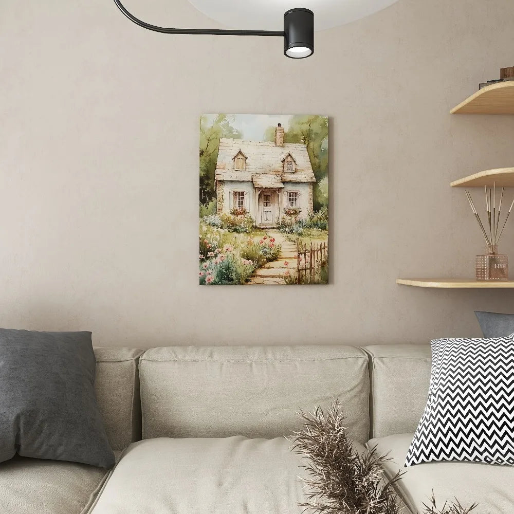 Stone house canvas prints, modern art Deco, floral embellished serene landscapes,1.5 inch thick wood frame