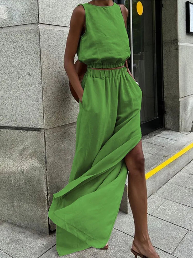 2025 New Fashion Cotton Linen Khaki Pants Sets Vacation Summer Sleeveless Tops And Split Pant Suits Two Pieces Office Ladies Set