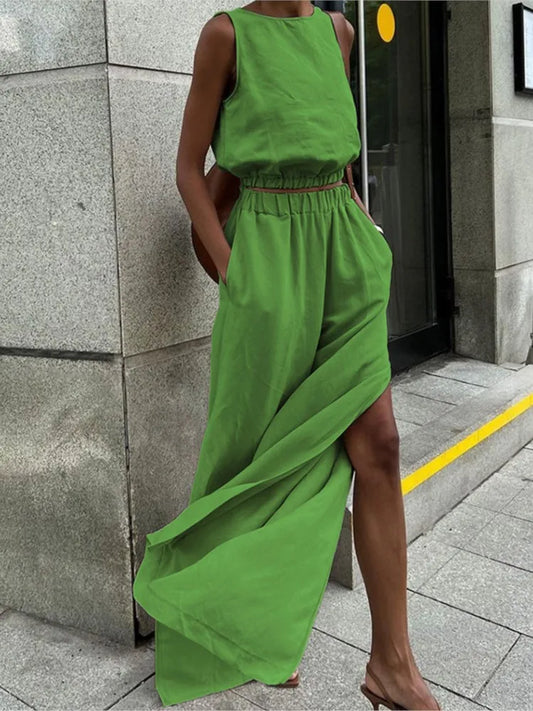 2025 New Fashion Cotton Linen Khaki Pants Sets Vacation Summer Sleeveless Tops And Split Pant Suits Two Pieces Office Ladies Set