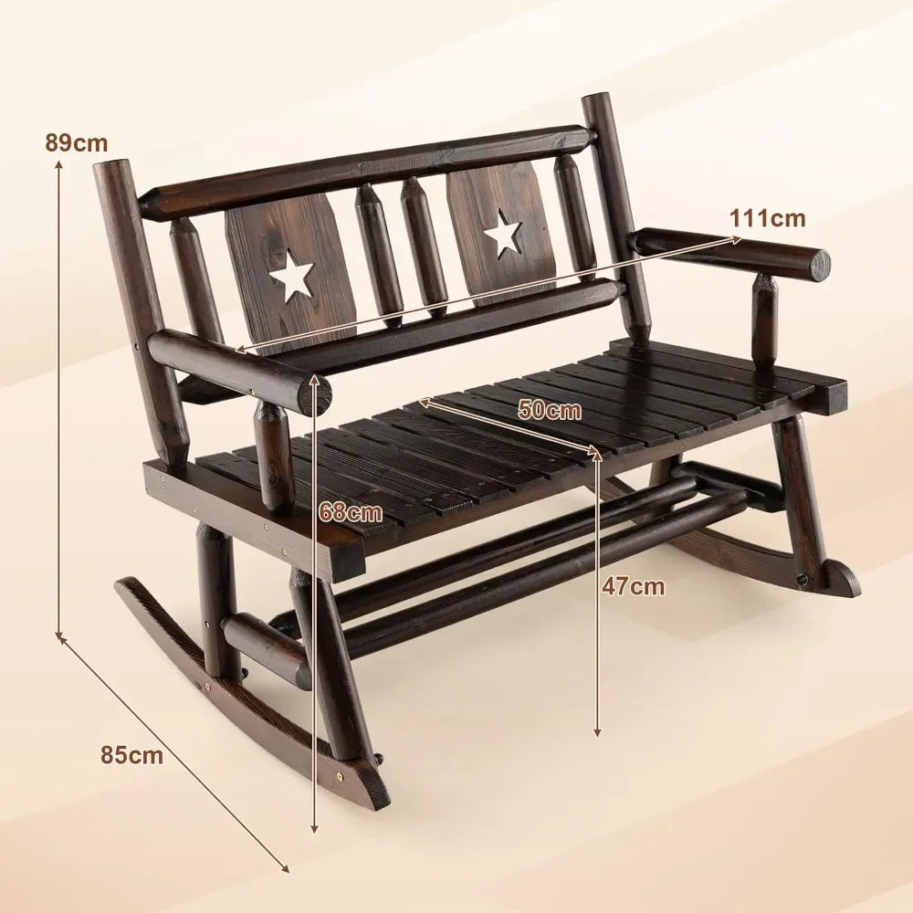2-Seater Garden Bench,  Carbonized Wood Patio Rocker Chair with Ergonomic Backrest,  Outdoor Furniture Rocking Loveseat