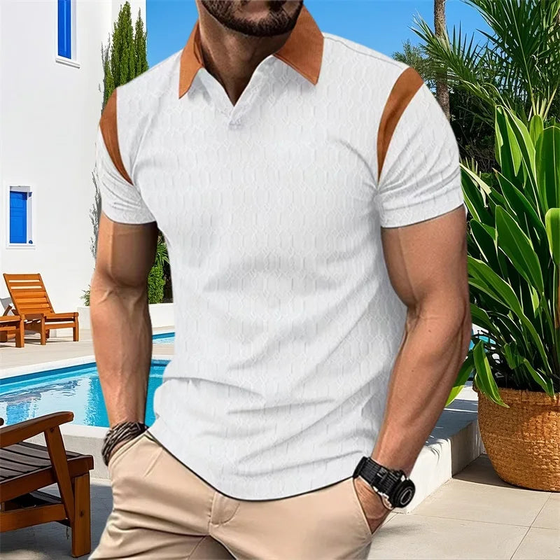 Men s Short Sleeve T-Shirts with Jacquard Patchwork Design and Turn Down Collar for Casual Summer Fashion  Fit