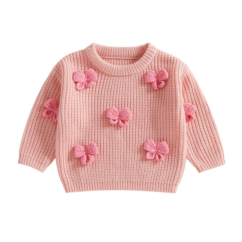 Adorable Baby Girl Autumn Pullover Sweater with 3D Bow Detail Cozy Long Sleeves and Crew Neck for Cold Weather Warmth