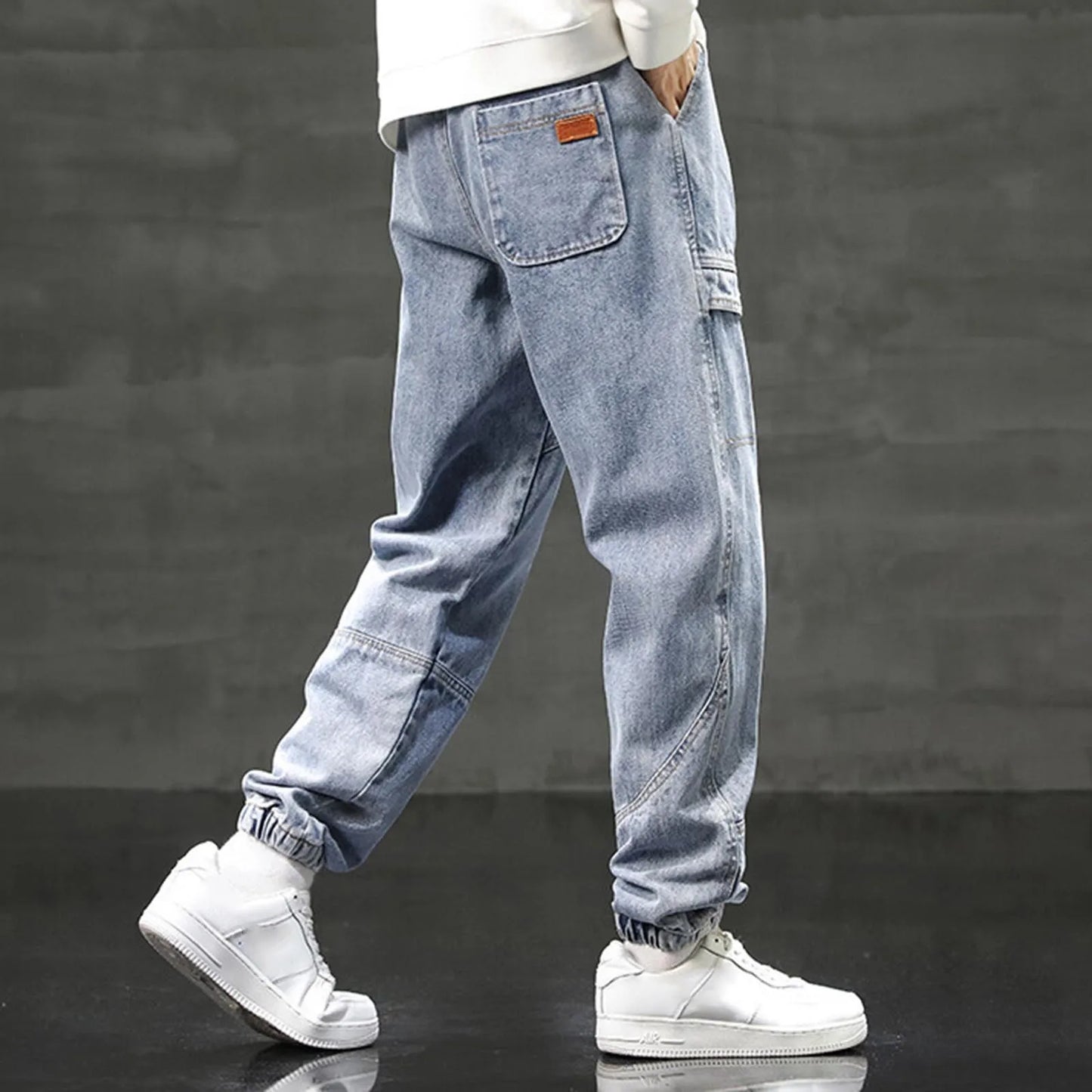 2025 Men's Cargo Jogger Jeans Hip Hop Streetwear Multiple Pockets Stretched Cotton Lace Up Casual Denim Pants Baggy Trousers