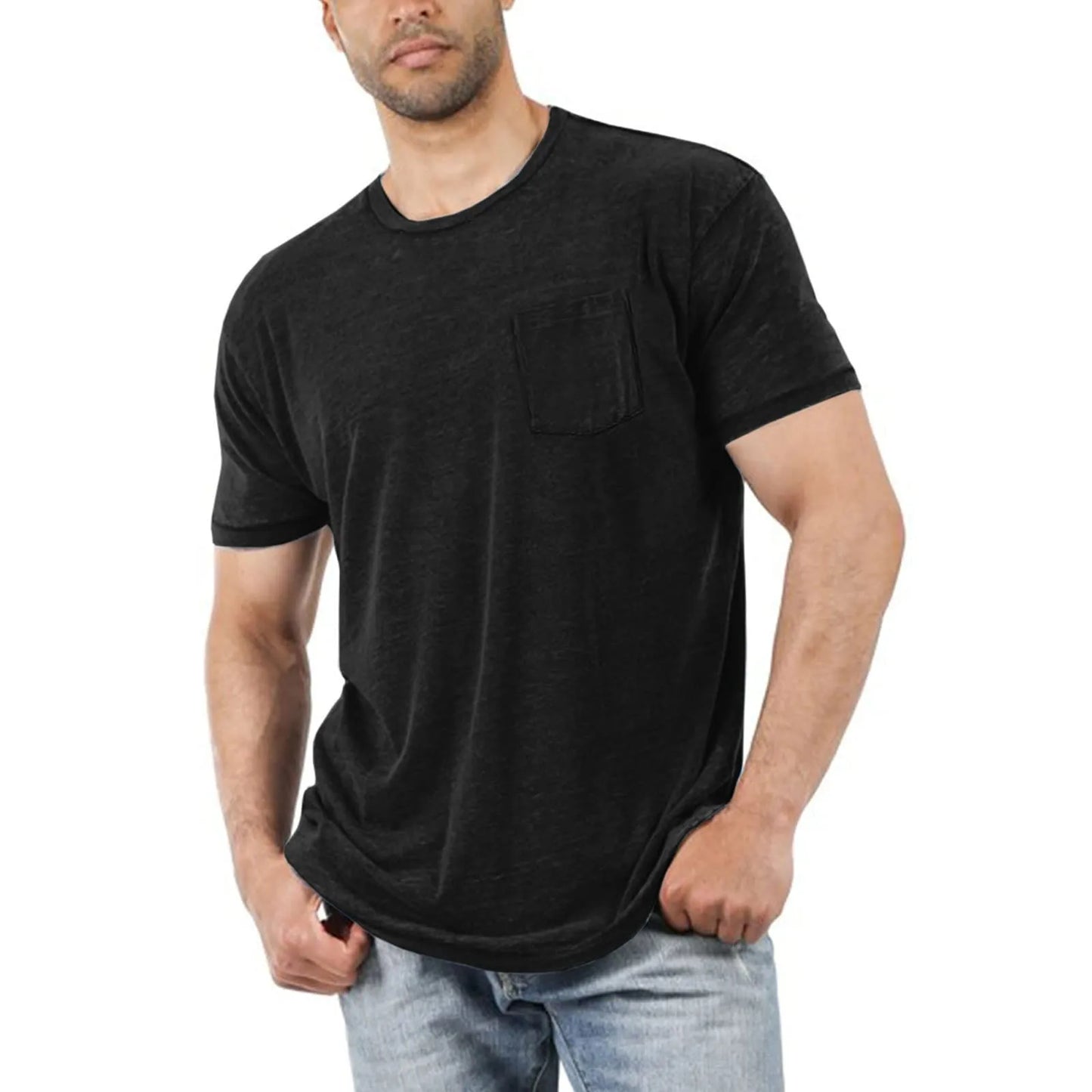 Summer Men Round Neck Pocket Casual And Comfortable Skin Friendly T Shirt Men Solid Color Top Korean Fashion Mens Clothing