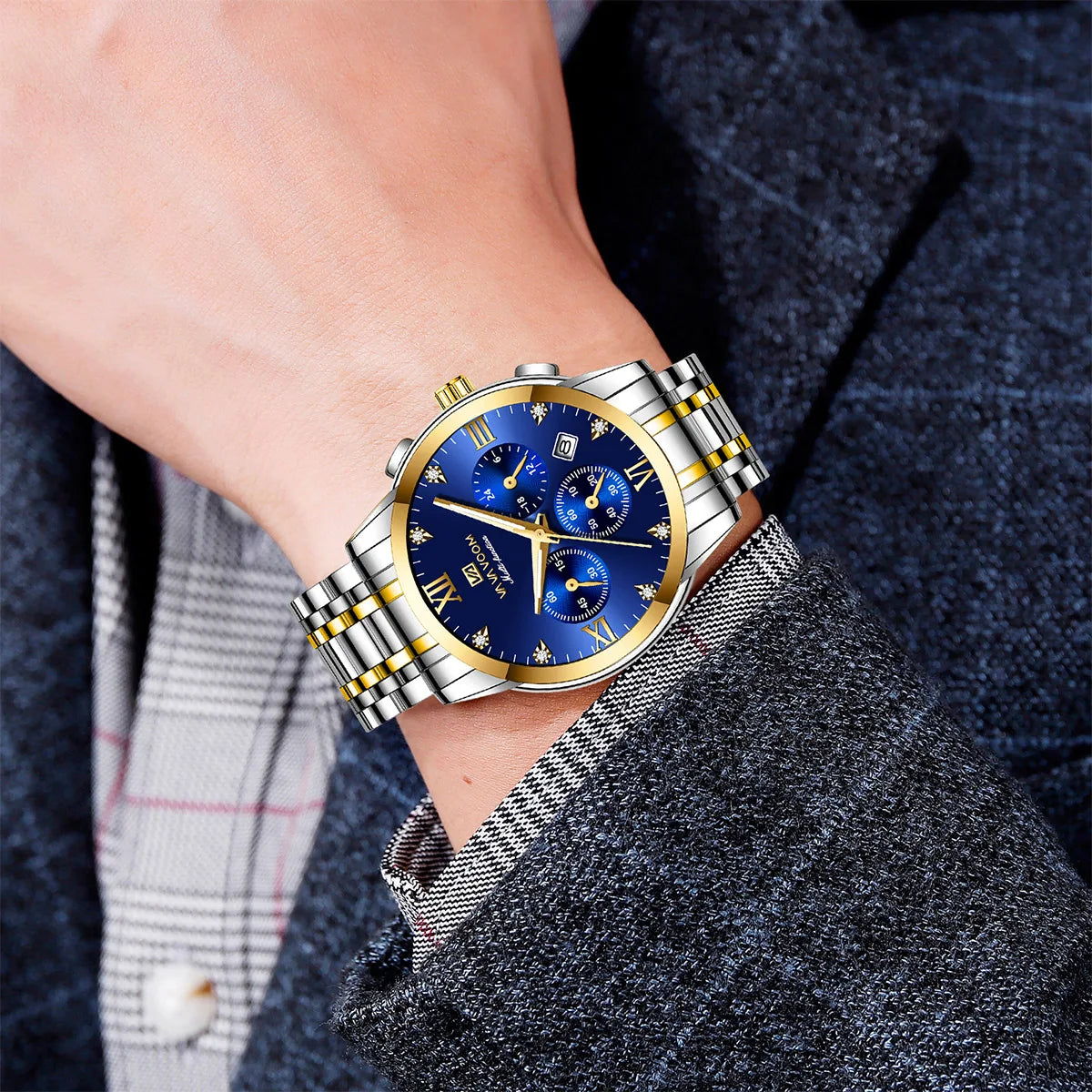 VA VA VOOM Men Multifunctional Watch Fashionable Stainless Steel Strap Blue Gold Gorgeous Rhinestone Clock Casual Sports Watches
