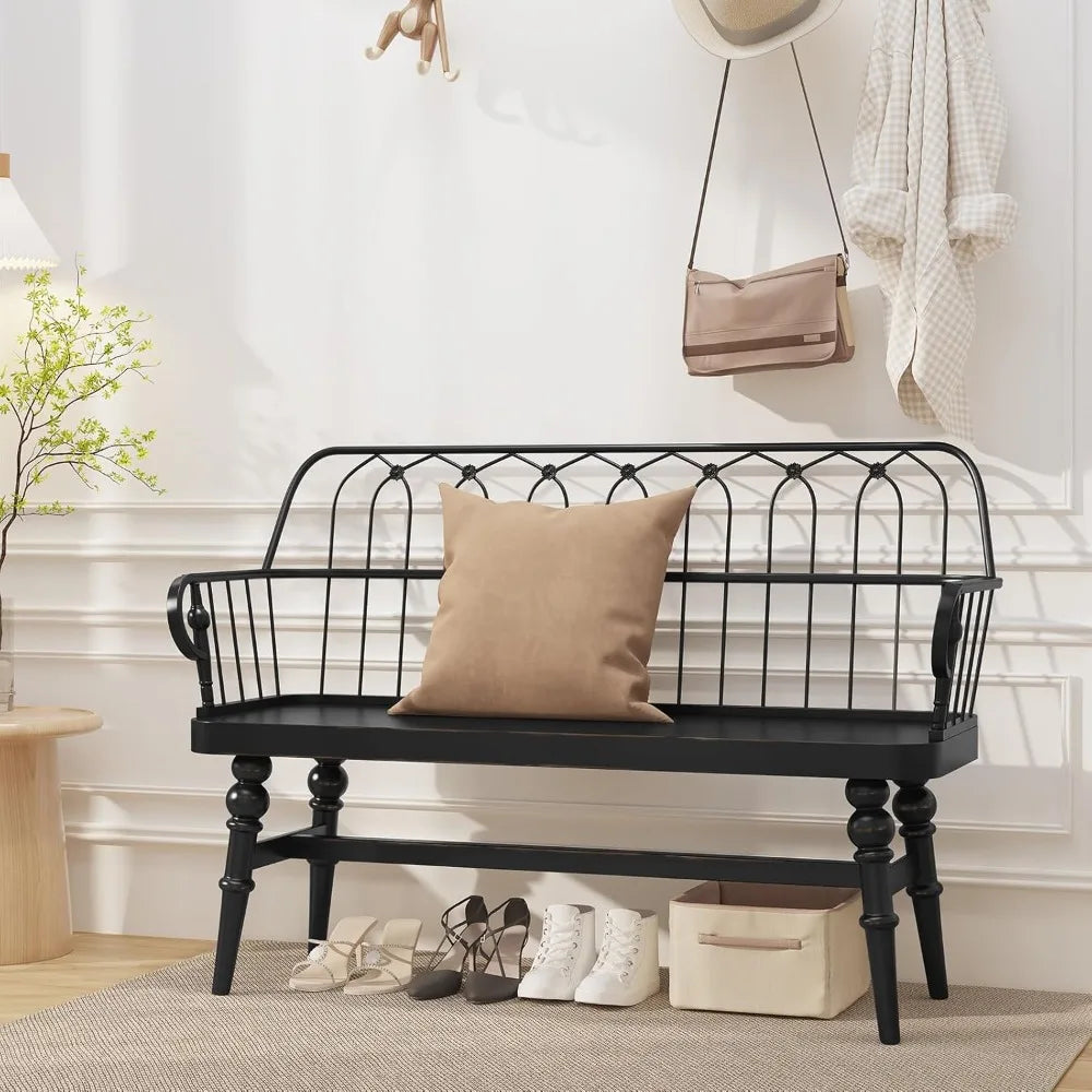 Entryway Bench, Farmhouse Dining Bench with Back, Wooden Indoor Benches Seat with Metal Spindle Back for Entryway, Hallway