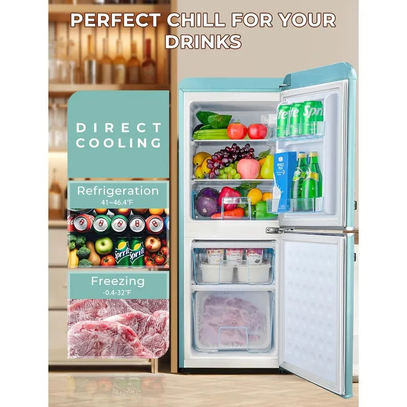 3.8 Cu.Ft Retro Fridge with Bottom Freezer and Drawer, 2 Door Refrigerator with 7 Adjustable Temperature Settings Blue