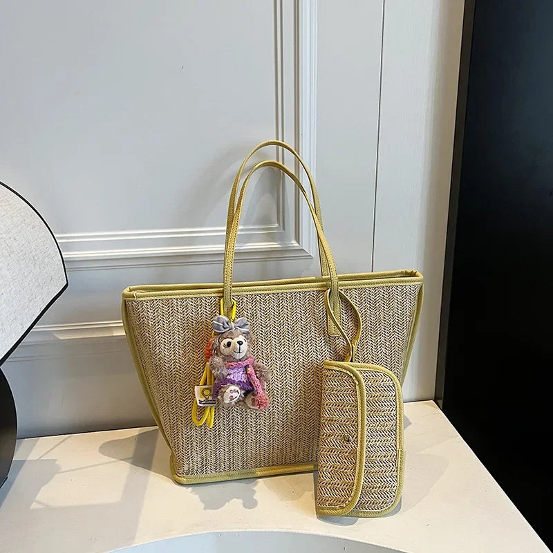 Color Contrast Straw Woven Shoulder Bag with Matching Wallet,Women Beach Travel Vacation Tote Bag,Large Capacity Shopping Basket