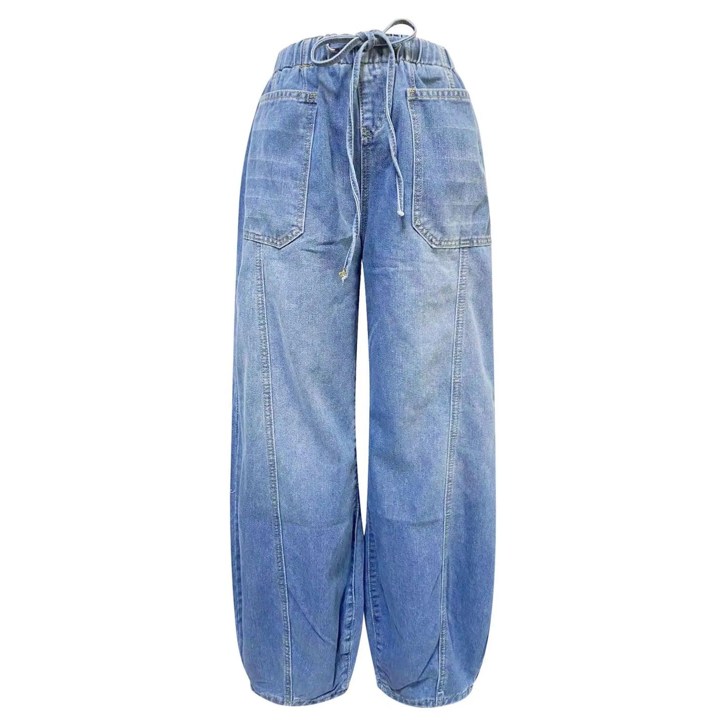 Low Waist American Retro Style Jeans Casual Loose Fit Double Pockets Cotton Jeans Ankle Length Pants Drawstring Jeans