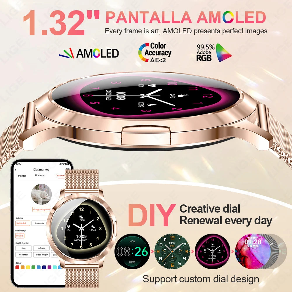 LIGE New Smart Watch Women Ultra-thin AMOLED HD Screen Sport Fitness Bracelet Custom Watch Face Bluetooth Call Luxury Smartwatch