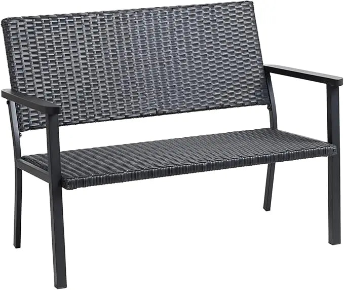 Outdoor Loveseat Bench Chair for Outside Patio Porch, Metal Frame, Black All Weather Wicker