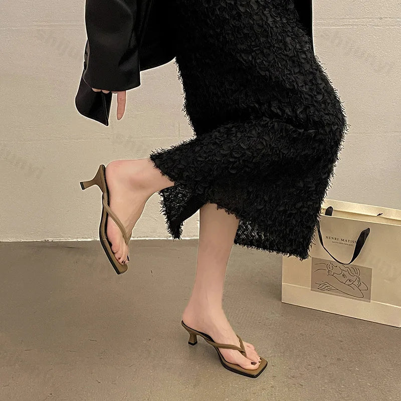 Women's Slippers 2025 Summer Flip Flops High Heel Soft Bottom Fine Heel Casual Rubber Sole Adult Footwear Comfortable Shoes