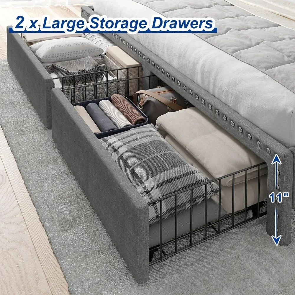 Bed Frame with Storage and Headboard, Upholstered Bed Frame with Storage, Grey Bed Frame with 2 Drawers