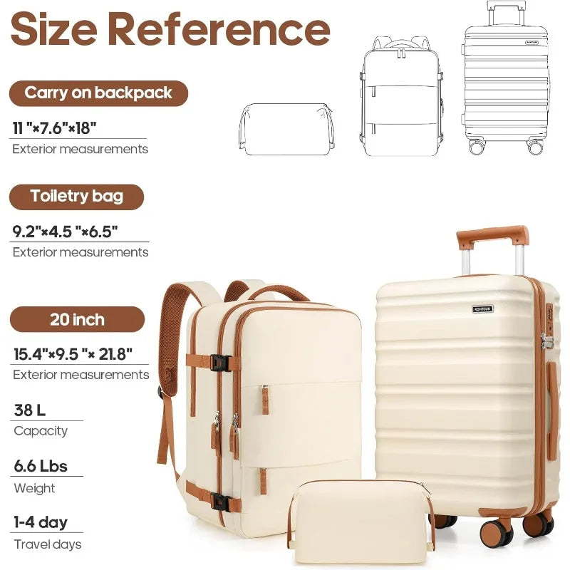 Suitcase Set 3 Piece, 20 IN Carry On Luggage with PC Hard Shell, TSA Lock Spinner Wheels Extension Handle Suitcase Set