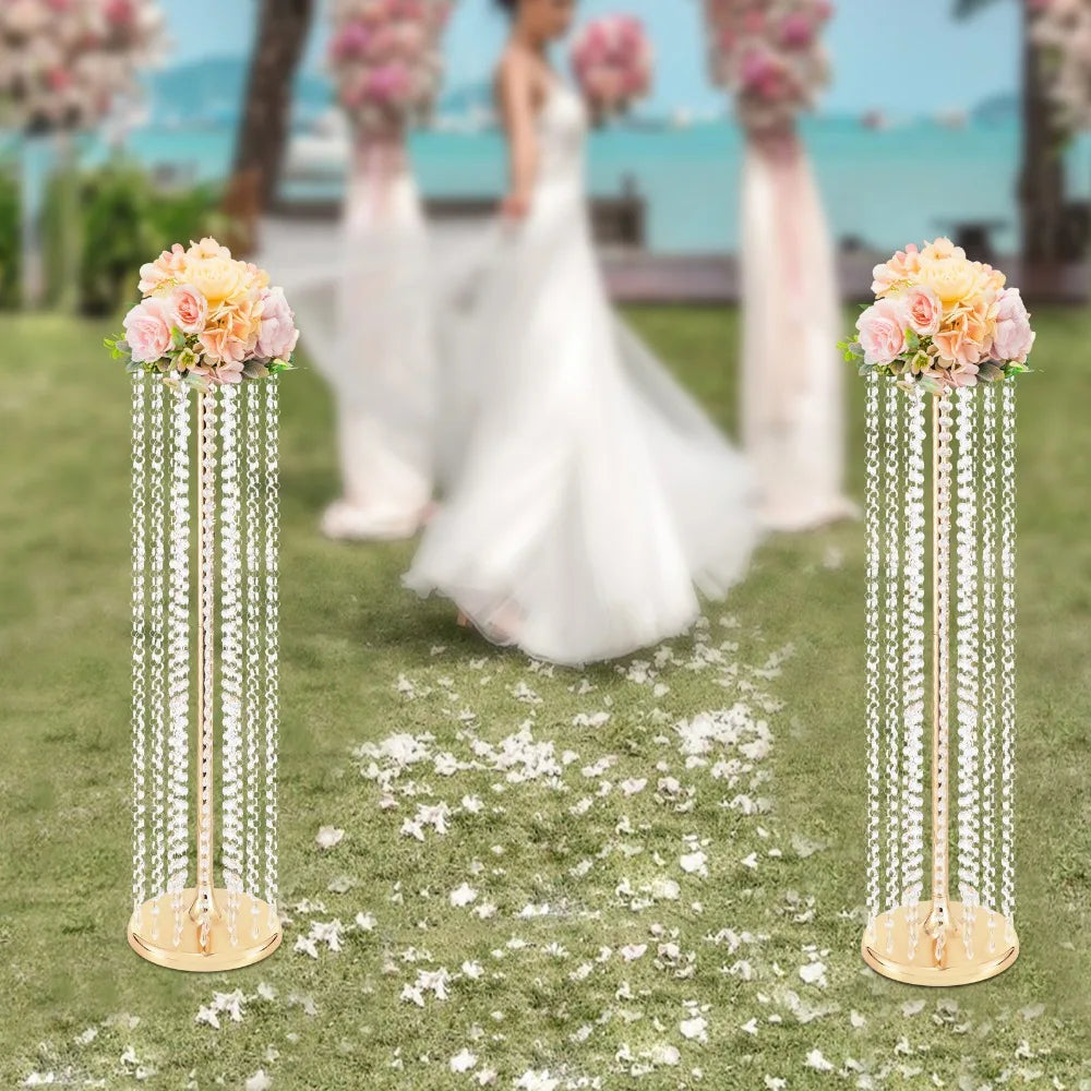 2 Pcs Wedding Centerpieces Flower Vases 35.4" Tall Chandelier Crystal Vase Gold Metal Flowers Stand for Party Tables Decorations