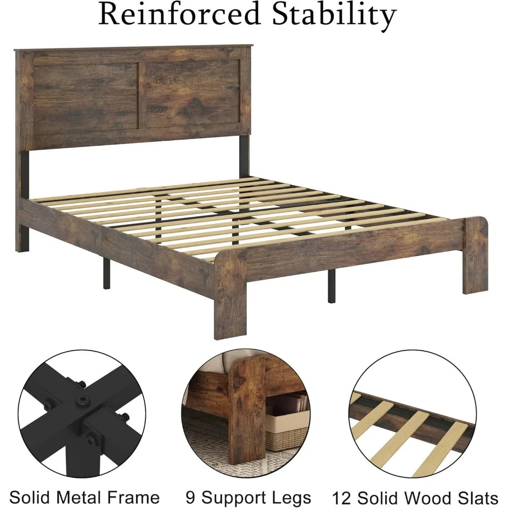 Bed Frame, Rustic Vintage Platform Bed Frame with Wood Headboard and Footboard, 12 Wood Slats Support