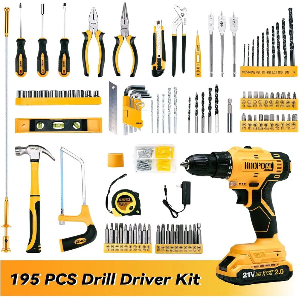 Tool Kit Box Drill Set with 21V Cordless Drill, Tool Box with Drill, Hand Drill Set for Men, Power Tool Combo for Home Repair, D