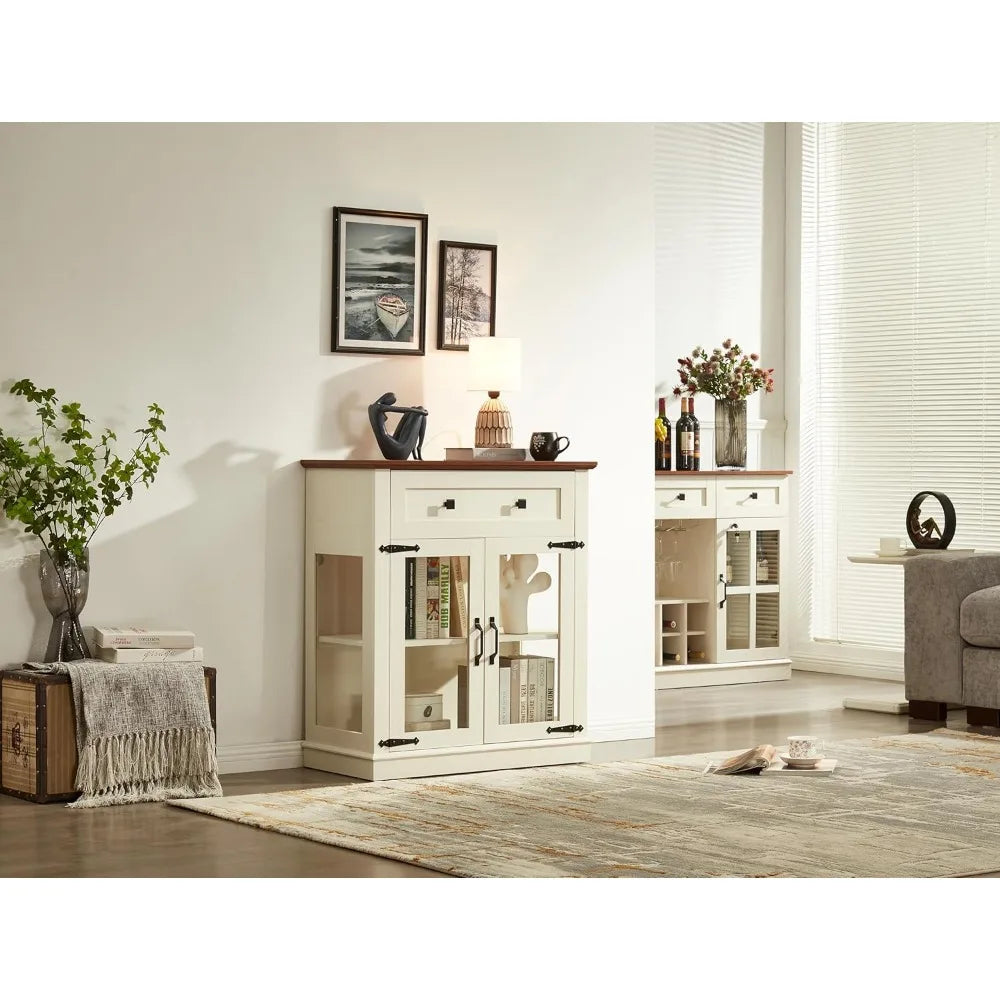 Small Buffet Cabinet with Glass Doors,Wood Coffee bar with Adjustable Shelf,Liquor Cabinet,for Living Room and Dining Room