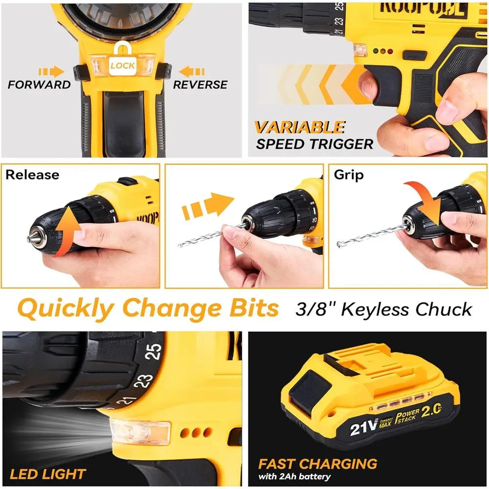 Tool Kit Box Drill Set with 21V Cordless Drill, Tool Box with Drill, Hand Drill Set for Men, Power Tool Combo for Home Repair, D