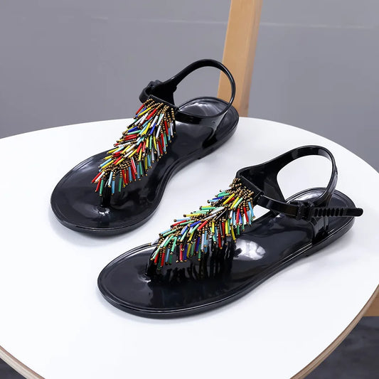 Women's Shoes Flip-flops Sandals for Woman Black Footwear Plastic with Low Heels Summer 2025 Crystal Pvc