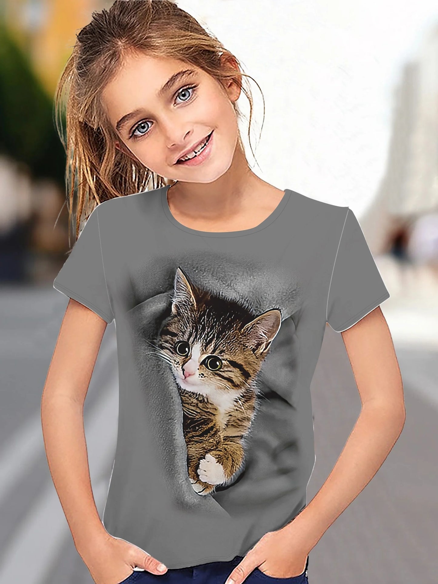 T-Shirt for Girls Cute Kitten Girls Clothes Kids T-Shirt Summer Short Sleeve Children Outdoor Sports Tops T-Shirt for Girls