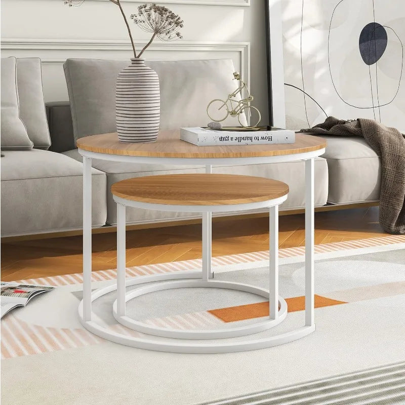 Industrial Round Coffee Table Set of 2 End Table for Living Room,Home Office,Stacking Side Tables,Wood Look Accent Furniture