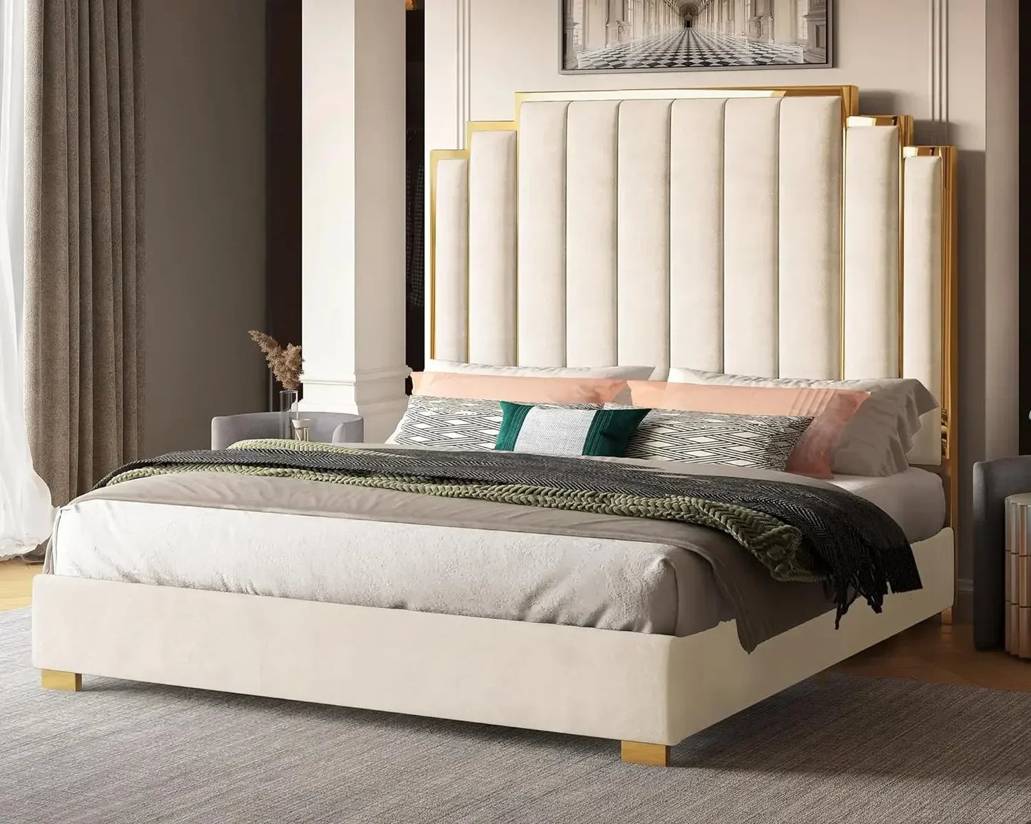 King Size Platform Bed Frame, 65" Velvet Upholstered Bed with Gold Trim Headboard/Wooden Slats/No Box Spring Needed/Green