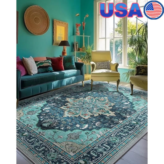 Washable Non-Slip Area Rug 5x7 Floral Vintage Distress Print Soft Carpet Thick Non Slip Backing Living Room Bedroom Dining Room