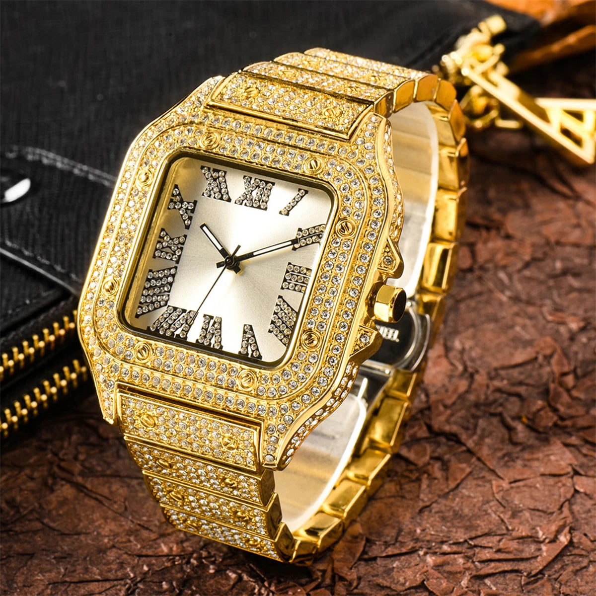 Aokaishen Iced Out Diamonds Watches 2023 Trend Stainless Steel Wristwatches for men Full Stones Zircon Quartz Square Gift