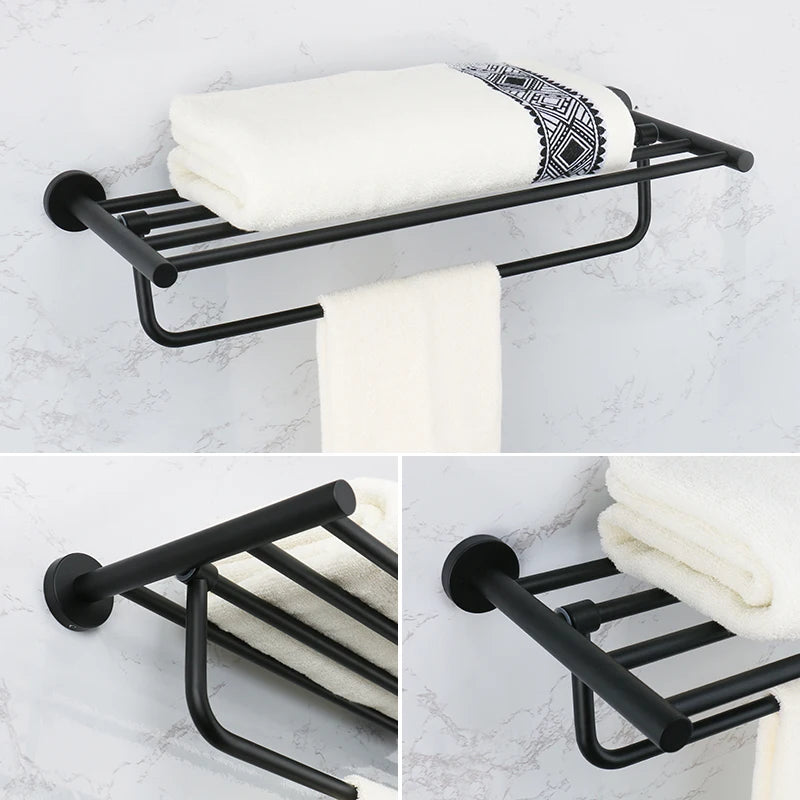 Bathroom Accessories Towel Rack Shelf Bar Roll Paper Holder With Cover Hand Towel Bar Holder Robe Hook Toilet Brush Holder Black