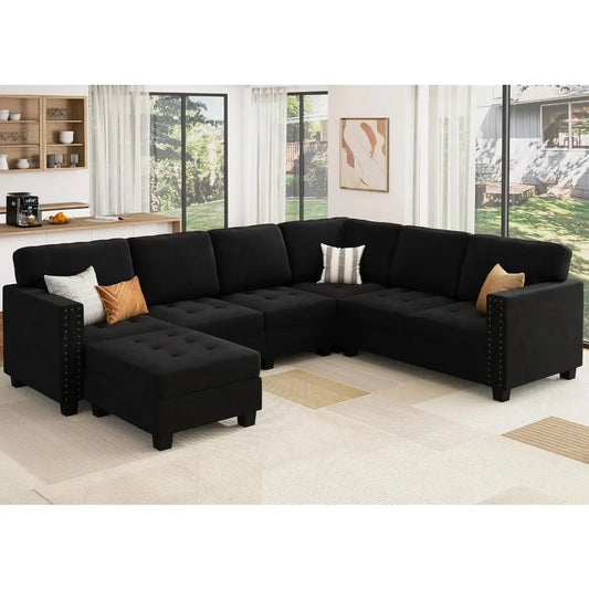 Velvet Convertible Sofa L Shaped Couch with Storage Ottoman Corner Sectional Couch with Reversible Chaise, Sofa Living Room