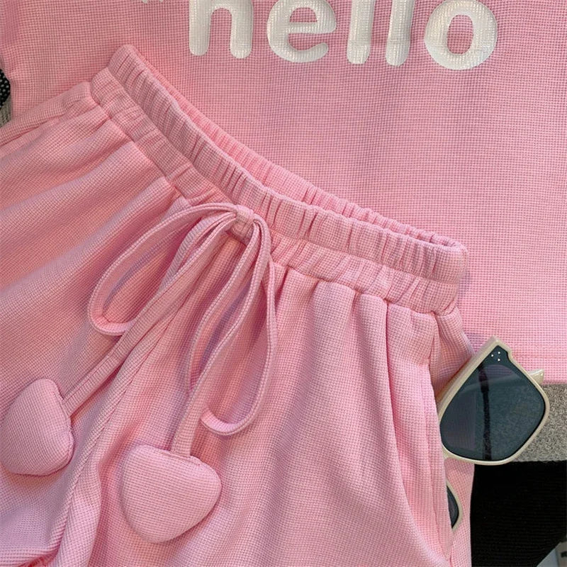 New 4 -14 Years  Summer Girls Clothing Set Letter Print Sleeveless T-shirt + Heart Shorts Pants 2pcs Suit Kids Leisure Outfit