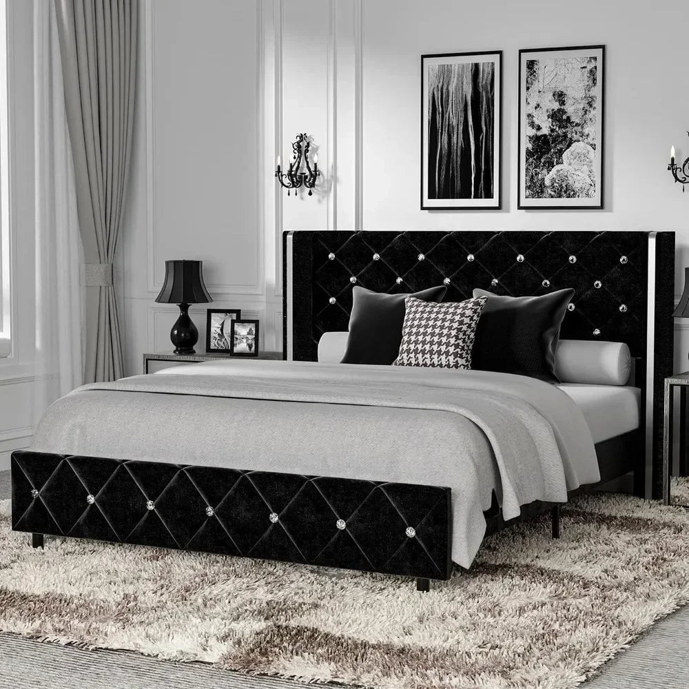 King Size Bed Frame with Wingback, Upholstered Beds Frames with Diamond Tufted Headboard and Footboard, No Box Spring Needed