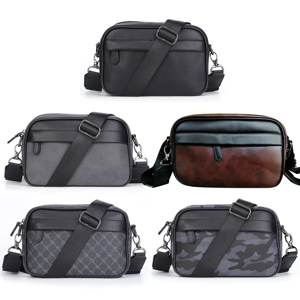 Leather Fashion Crossbody Bag Classic Pattern Casual Business Men Shoulder Crossbody Bag Wide Strap Small Square for Travel Work