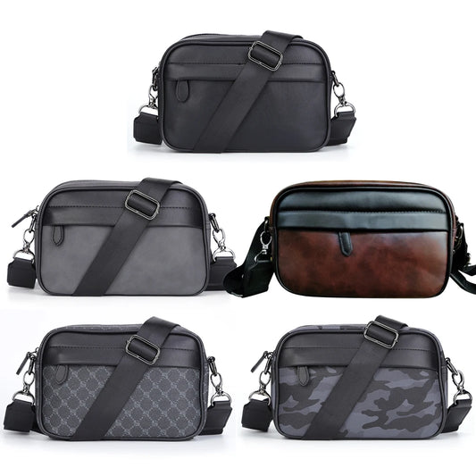 Leather Fashion Crossbody Bag Classic Pattern Casual Business Men Shoulder Crossbody Bag Wide Strap Small Square for Travel Work