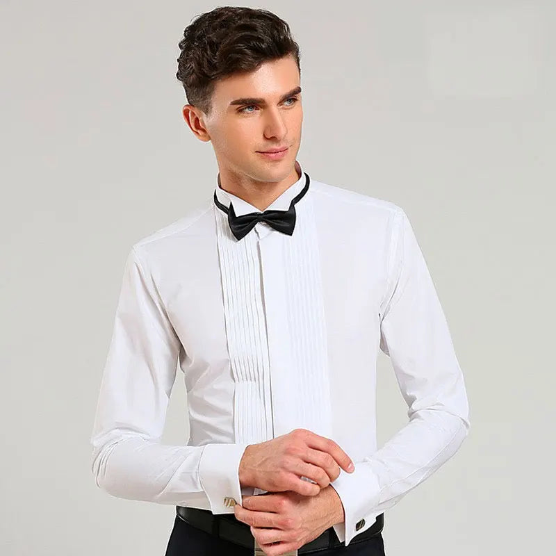 New dovetail stand collar wedding dress men's long sleeve shirt French buckle event performance solid color shirt send bow tie