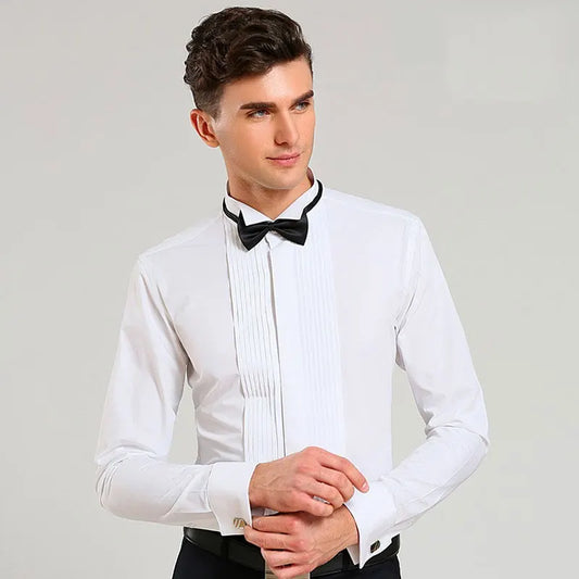 New dovetail stand collar wedding dress men's long sleeve shirt French buckle event performance solid color shirt send bow tie